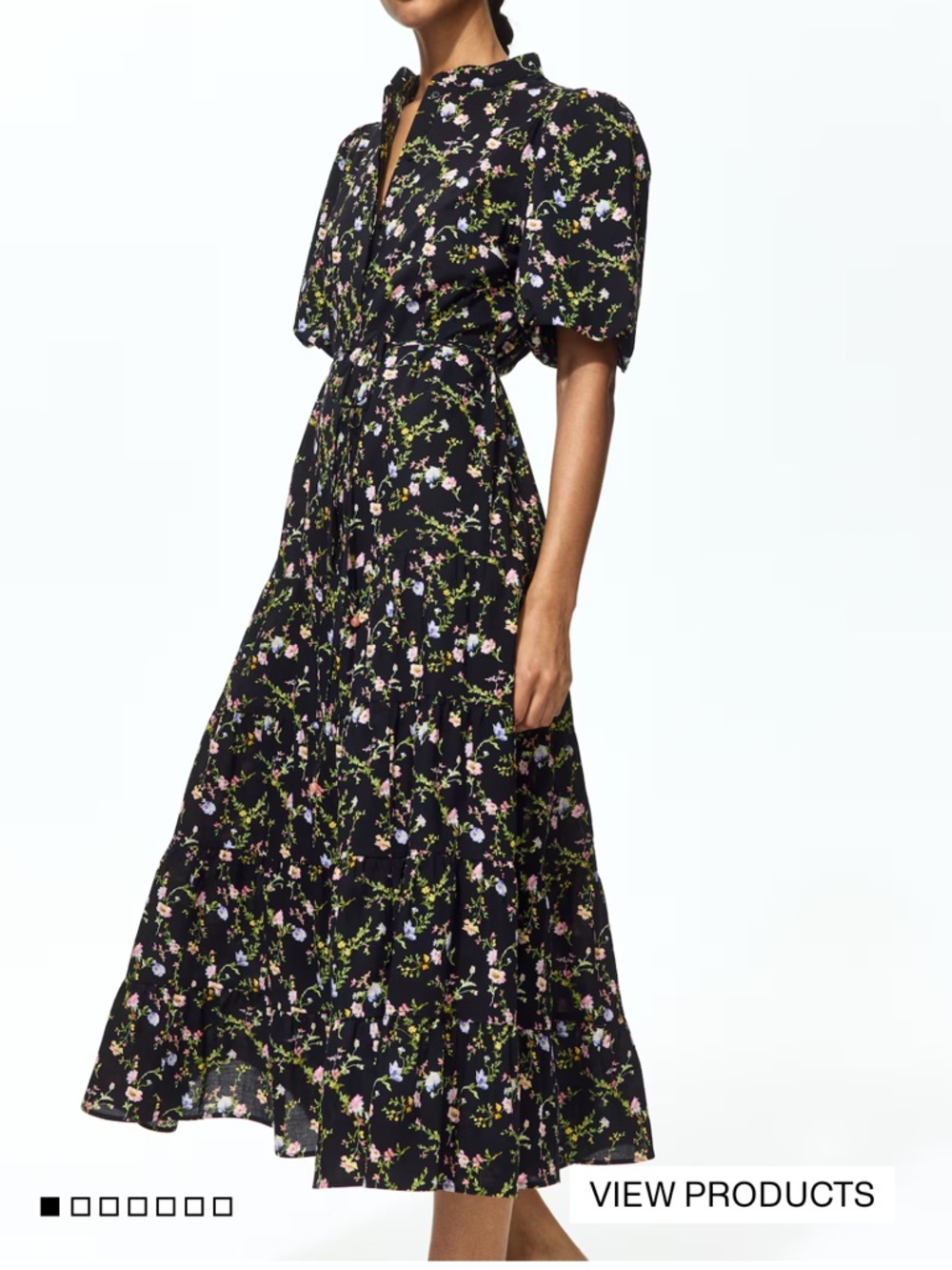 H&M Black Floral Midi Dress with Puff Sleeves